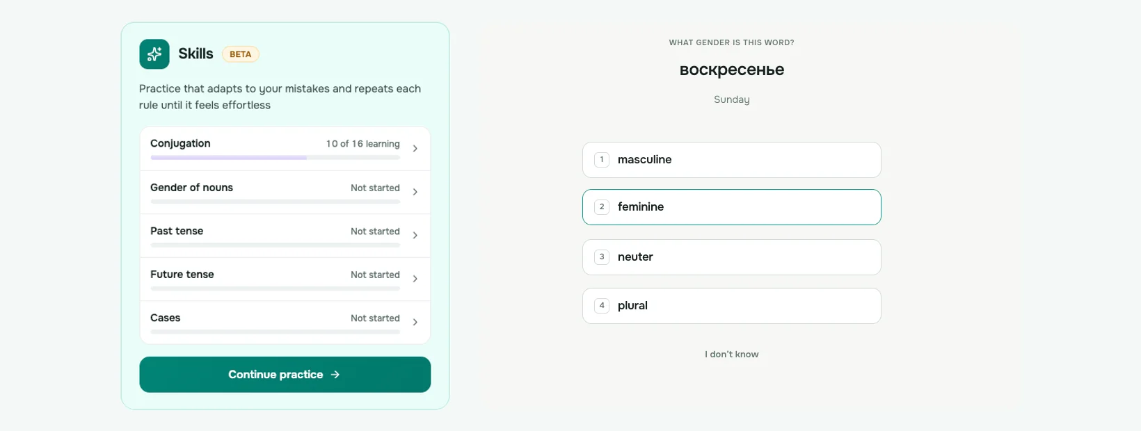 The BeFluent Skills section with five grammar topics, and a Gender of nouns task asking what gender the word воскресенье is